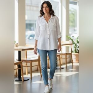 JM Collection 100% Linen Button Down Shirt | White Gold Detail | Size 18